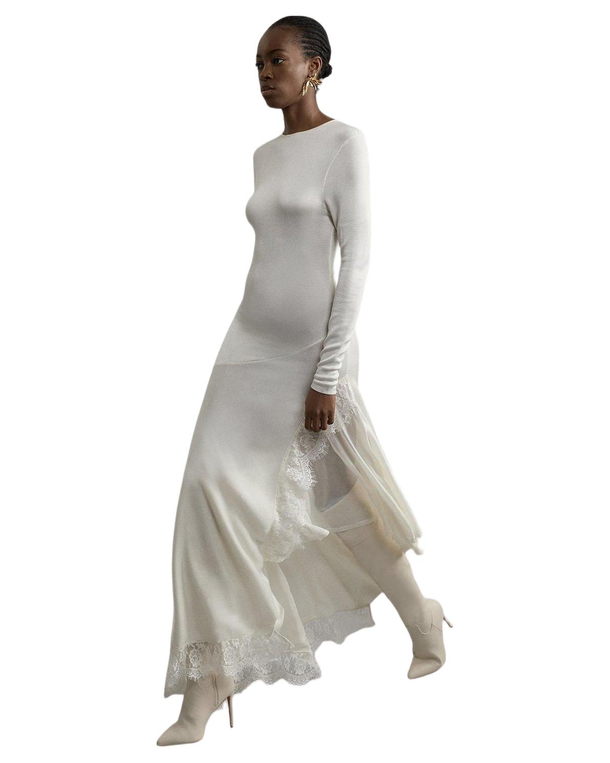 Karen Millen Women’s Slinky Lace Asymmetric Maxi Dress – Cream