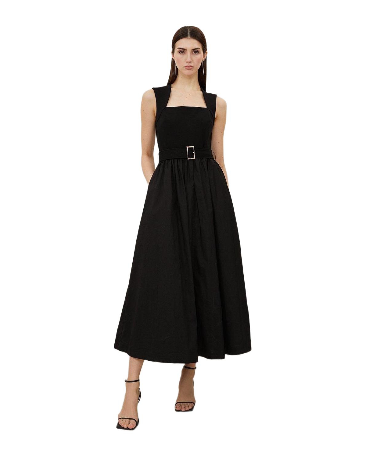 Karen Millen Women’s Square Neck Belted Maxi Dress – Black Karen Millen Women’s Square Neck Belted Maxi Dress – Black