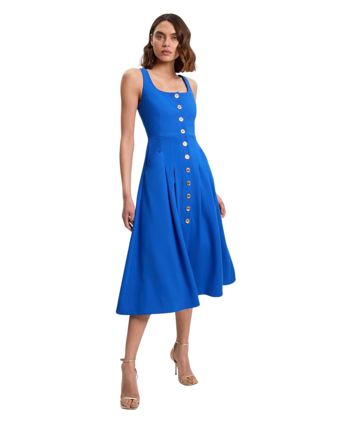 Karen Millen Women’s Square Neck Button-Front Midi Dress – Cobalt Karen Millen Women’s Square Neck Button-Front Midi Dress – Cobalt