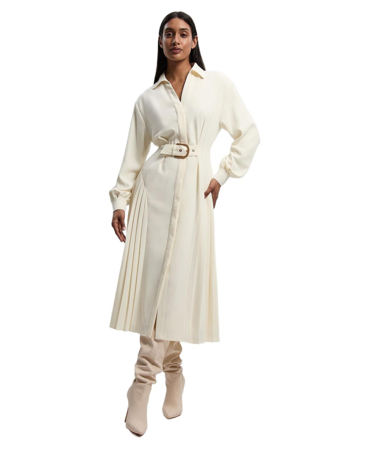 Karen Millen Women’s Tailored Crepe Belted Pleated Midi Dress – Ivory Karen Millen Women’s Tailored Crepe Belted Pleated Midi Dress – Ivory