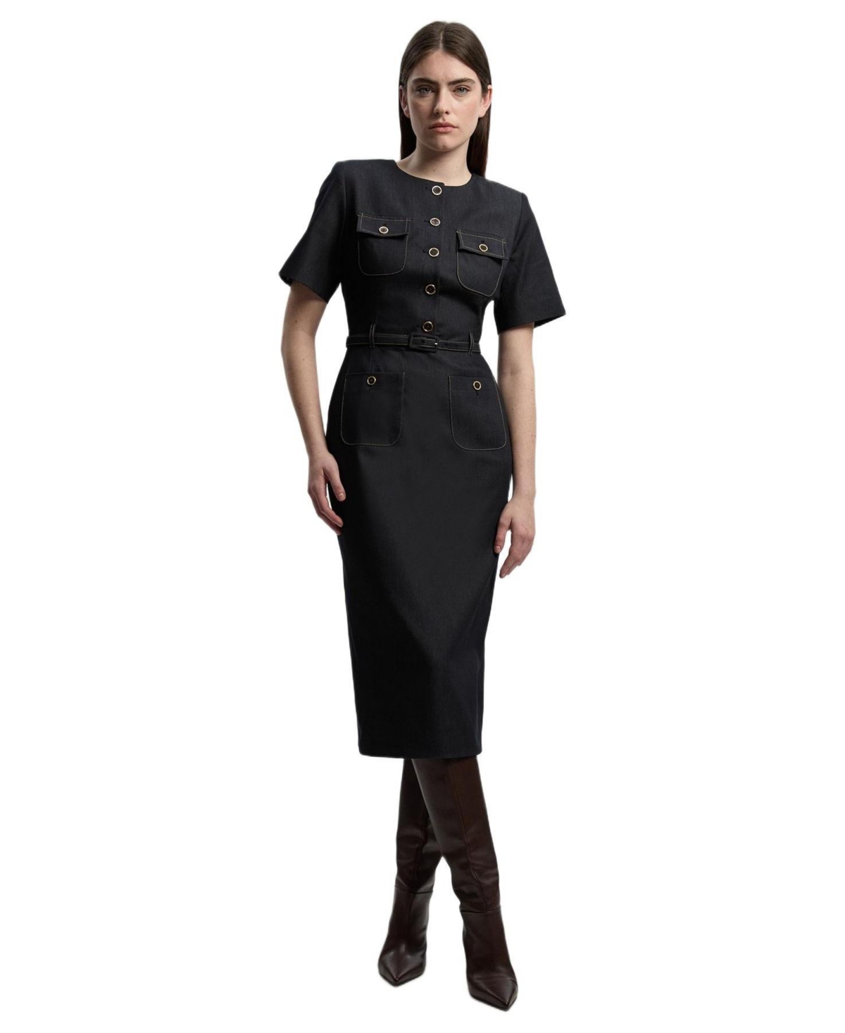 Karen Millen Women’s Tailored Denim Belted Midi Dress – Indigo Karen Millen Women’s Tailored Denim Belted Midi Dress – Indigo