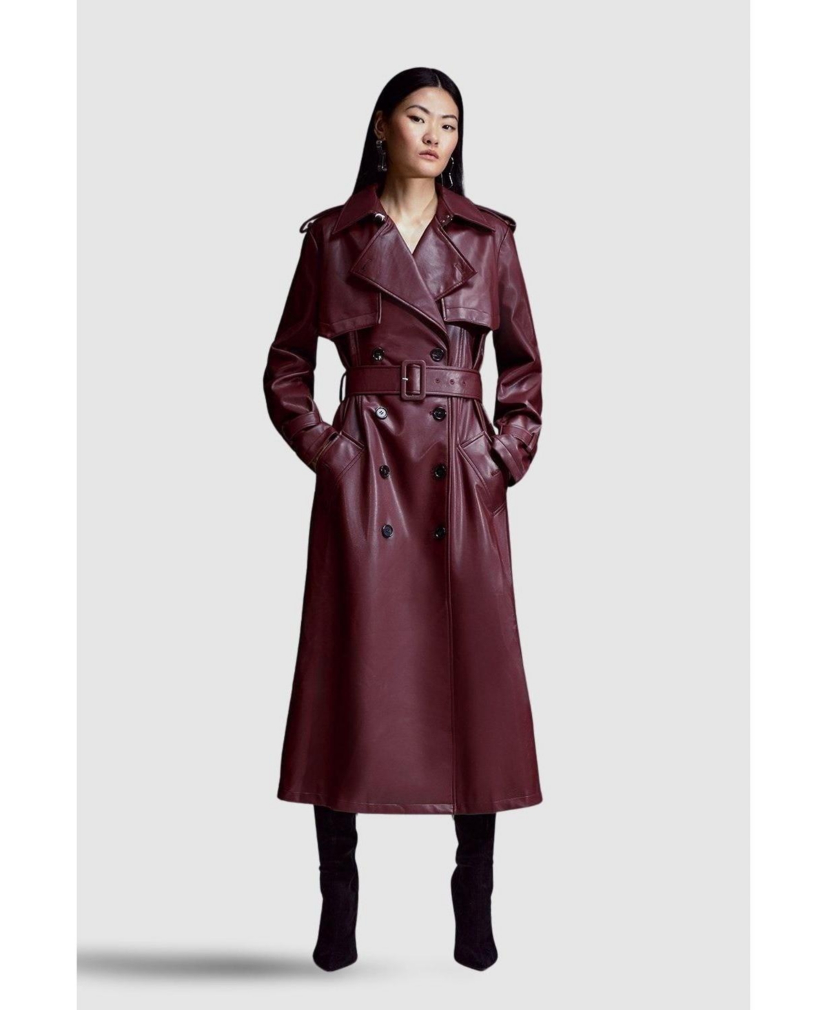 Karen Millen Women’s Tailored Faux Leather Belted Trench Coat – Oxblood