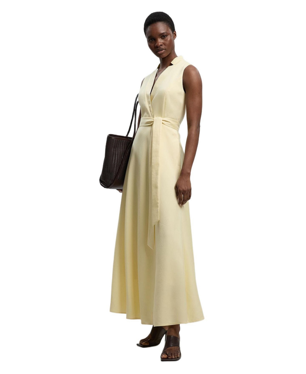 Karen Millen Women’s Tailored Linen Wrap Maxi Dress – Lemon