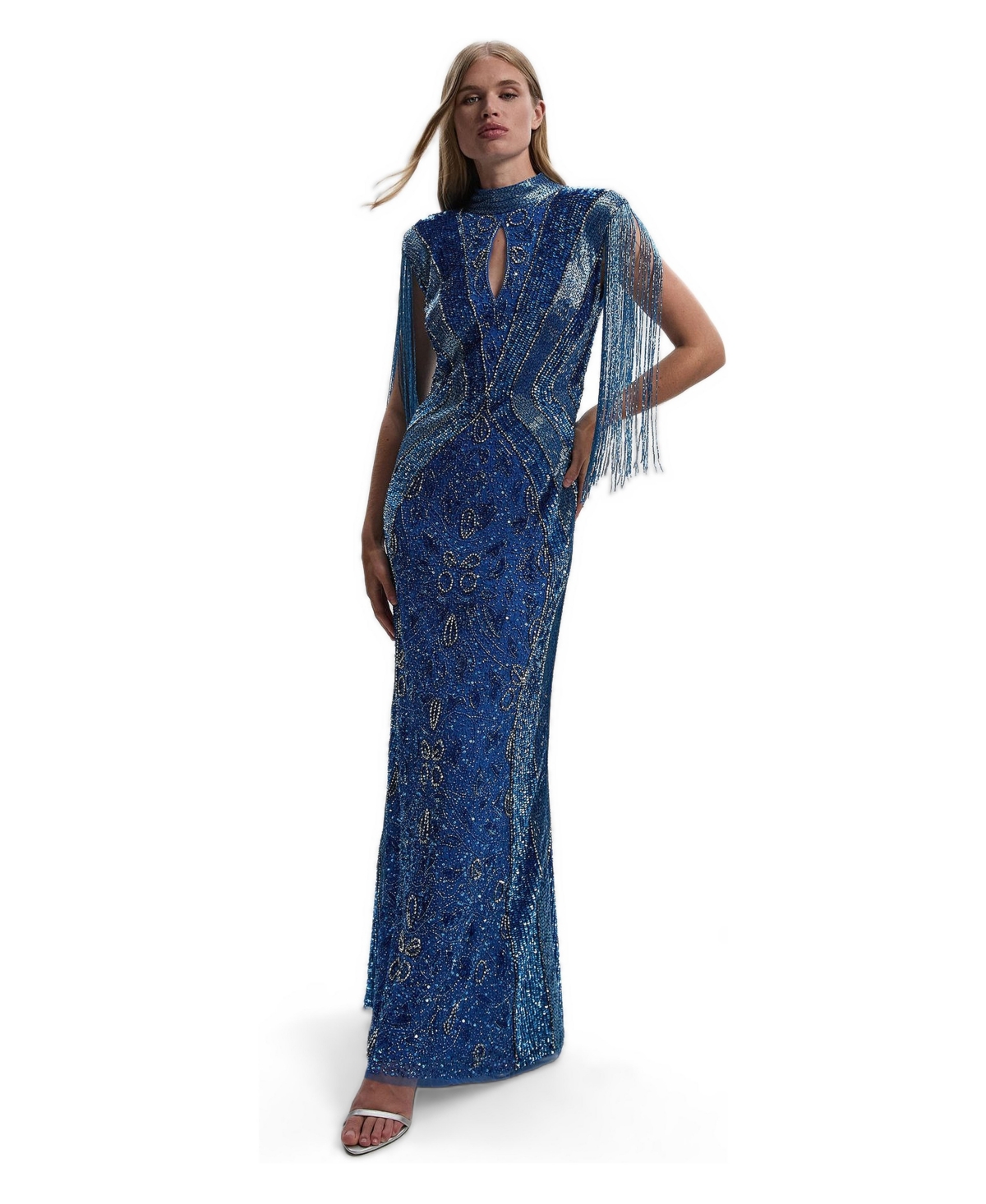 Karen Millen Women’s Tassel Sleeve High Neck Maxi Dress – Blue Karen Millen Women’s Tassel Sleeve High Neck Maxi Dress – Blue