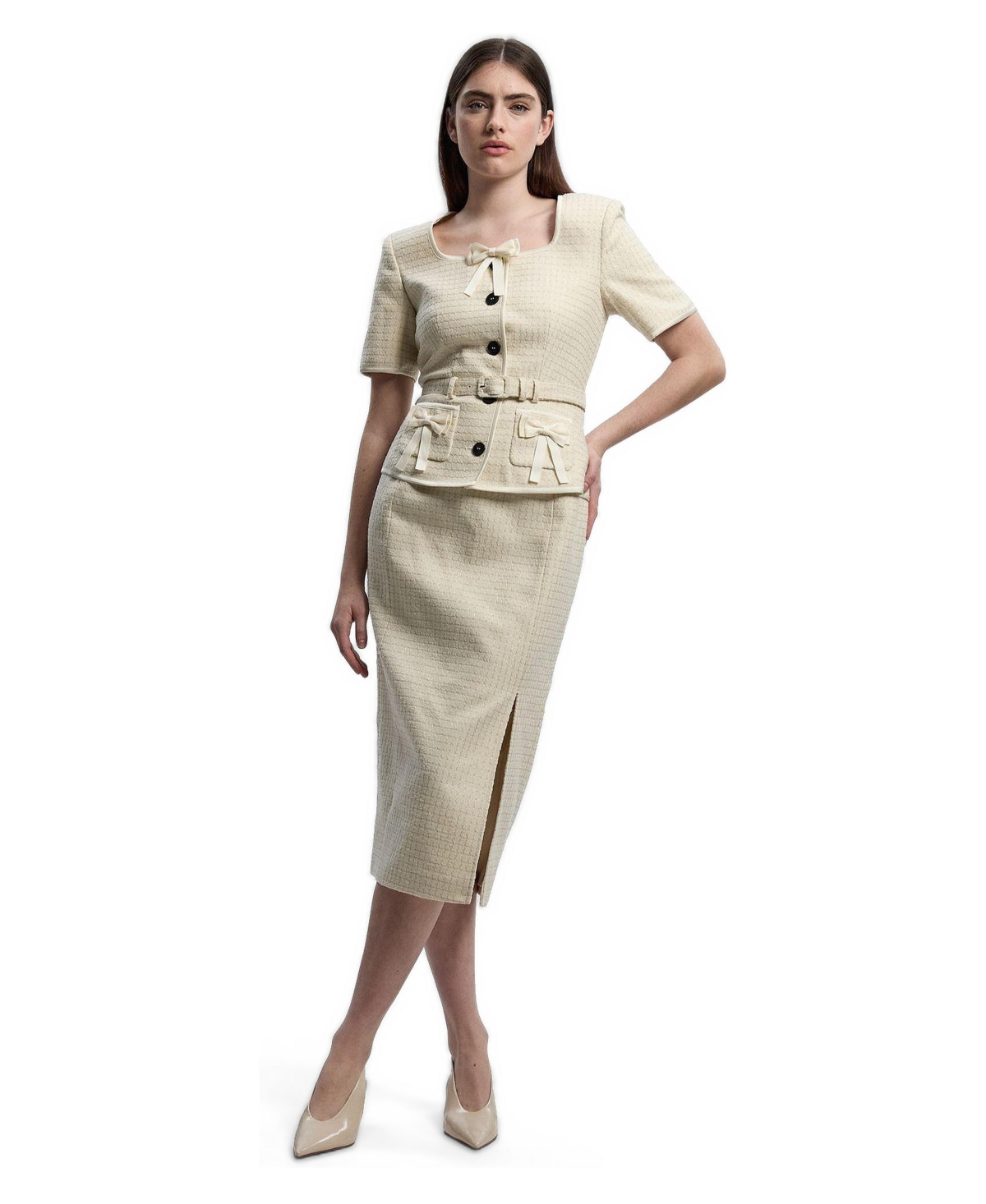 Karen Millen Women’s Tweed Bow Midi Dress – Ivory