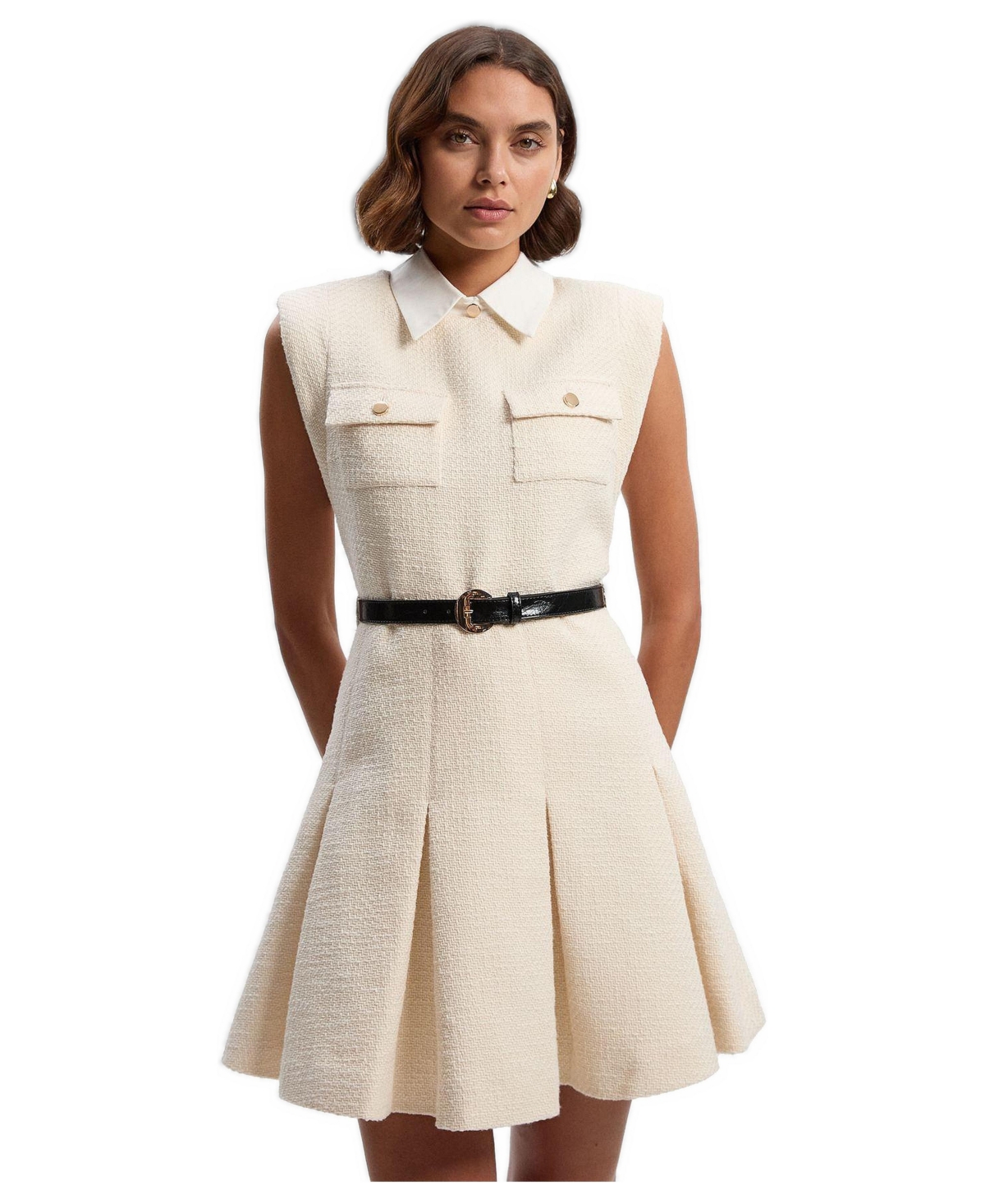 Karen Millen Women’s Tweed Sleeveless Mini Dress – Cream