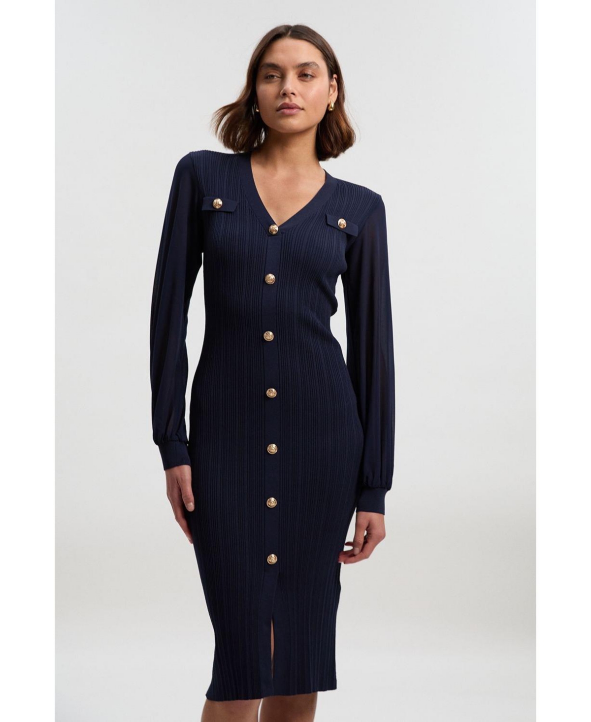 Karen Millen Women’s V-Neck Long-Sleeve Rib-Knit Dress – Navy