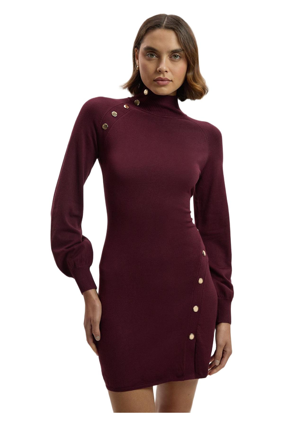 Karen Millen Women’s Viscose Blend Popper Knit Mini Dress – Burgundy