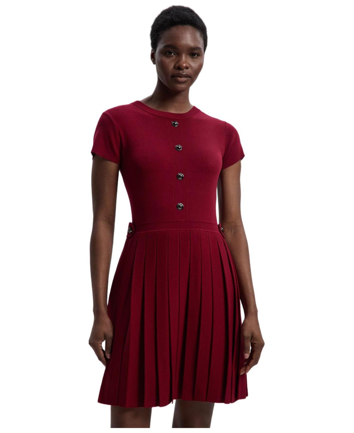 Karen Millen Women’s Viscose Tab Pleated Knit Mini Dress – Burgundy