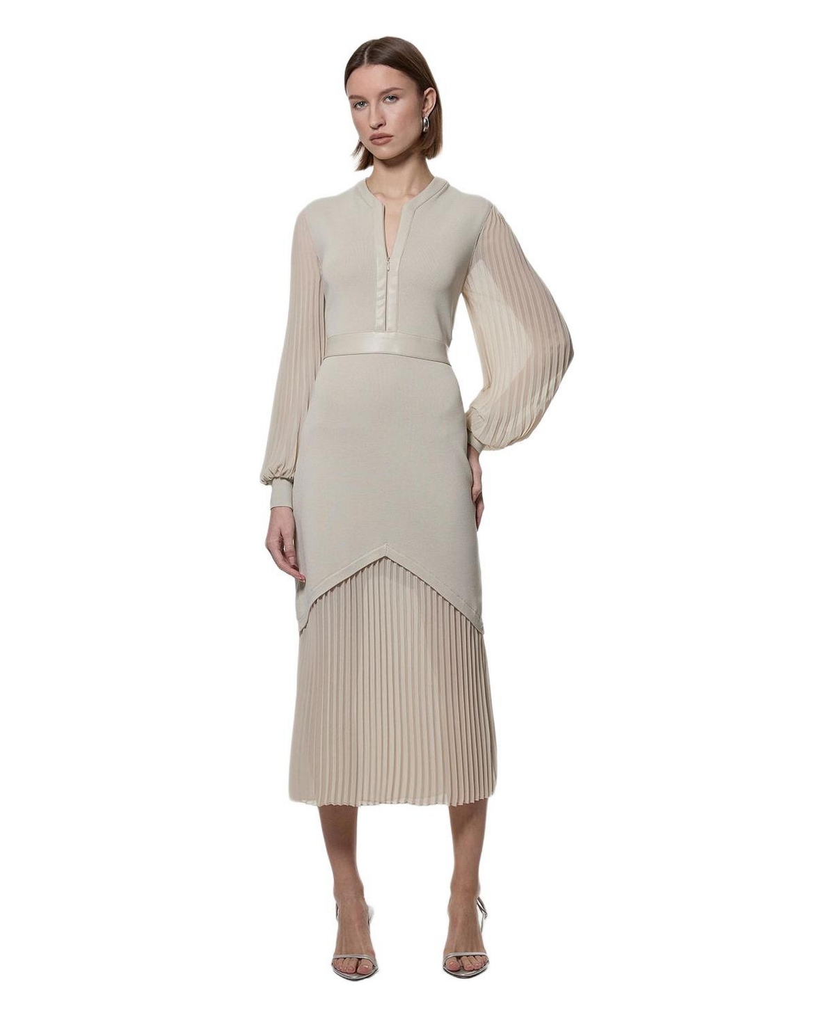 Karen Millen Women’s Woven Sleeved Pleated Dress – Stone Karen Millen Women’s Woven Sleeved Pleated Dress – Stone
