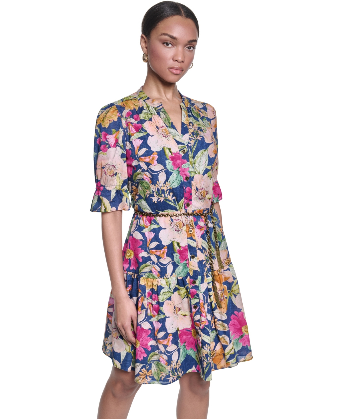 Karl Lagerfeld Paris Women’s Belted Collared Cotton Dress – Currant/Light Blush Multi