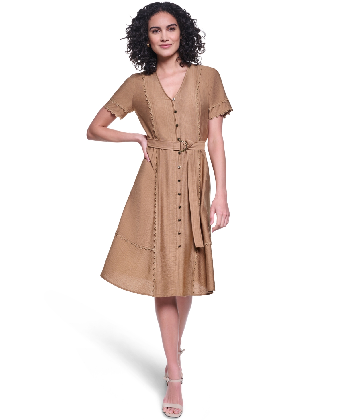 Karl Lagerfeld Paris Women’s Belted Nailhead Trim V-Neck Dress – Cartouche Karl Lagerfeld Paris Women’s Belted Nailhead Trim V-Neck Dress – Cartouche