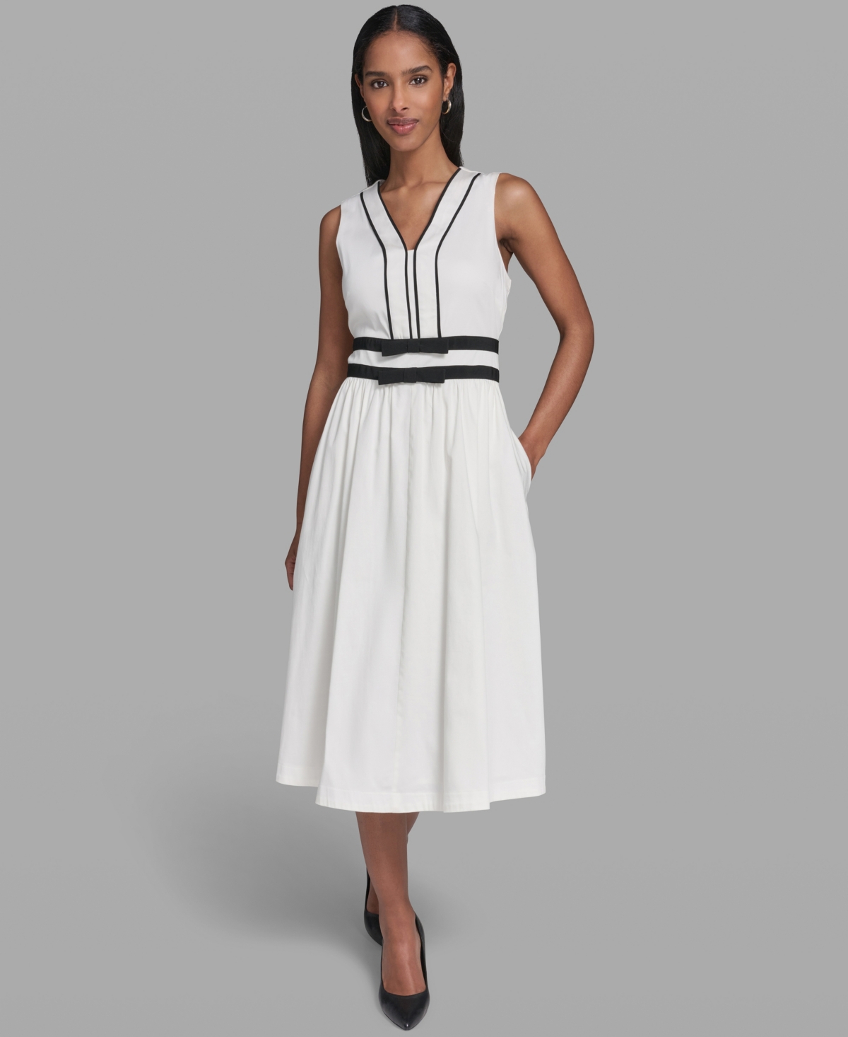 Karl Lagerfeld Paris Women’s Contrast Trim Detail V-Neck Sleeveless Dress – Soft White Karl Lagerfeld Paris Women’s Contrast Trim Detail V-Neck Sleeveless Dress – Soft White