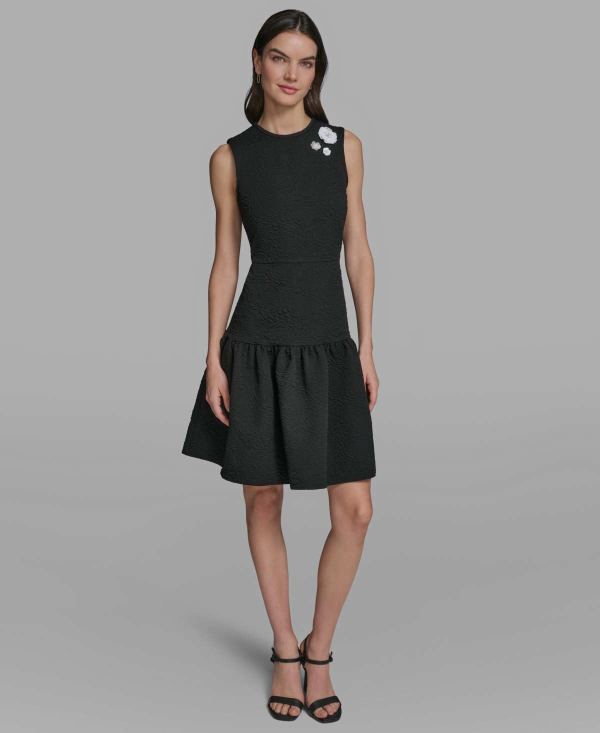 Karl Lagerfeld Paris Women’s Crew Neck Jacquard Ruffle Hem Dress – Black