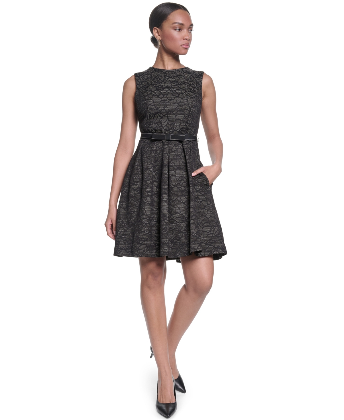 Karl Lagerfeld Paris Women’s Crewneck Fit and Flare Dress – Black/Bisque Multi Karl Lagerfeld Paris Women’s Crewneck Fit and Flare Dress – Black/Bisque Multi