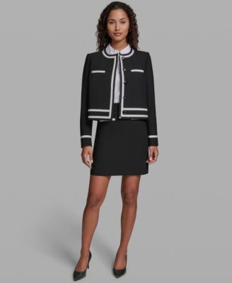 Karl Lagerfeld Paris Womens Cropped Round Neck Jacket Button Front Long Sleeve Top Woven Mini Skirt Karl Lagerfeld Paris Womens Cropped Round Neck Jacket Button Front Long Sleeve Top Woven Mini Skirt