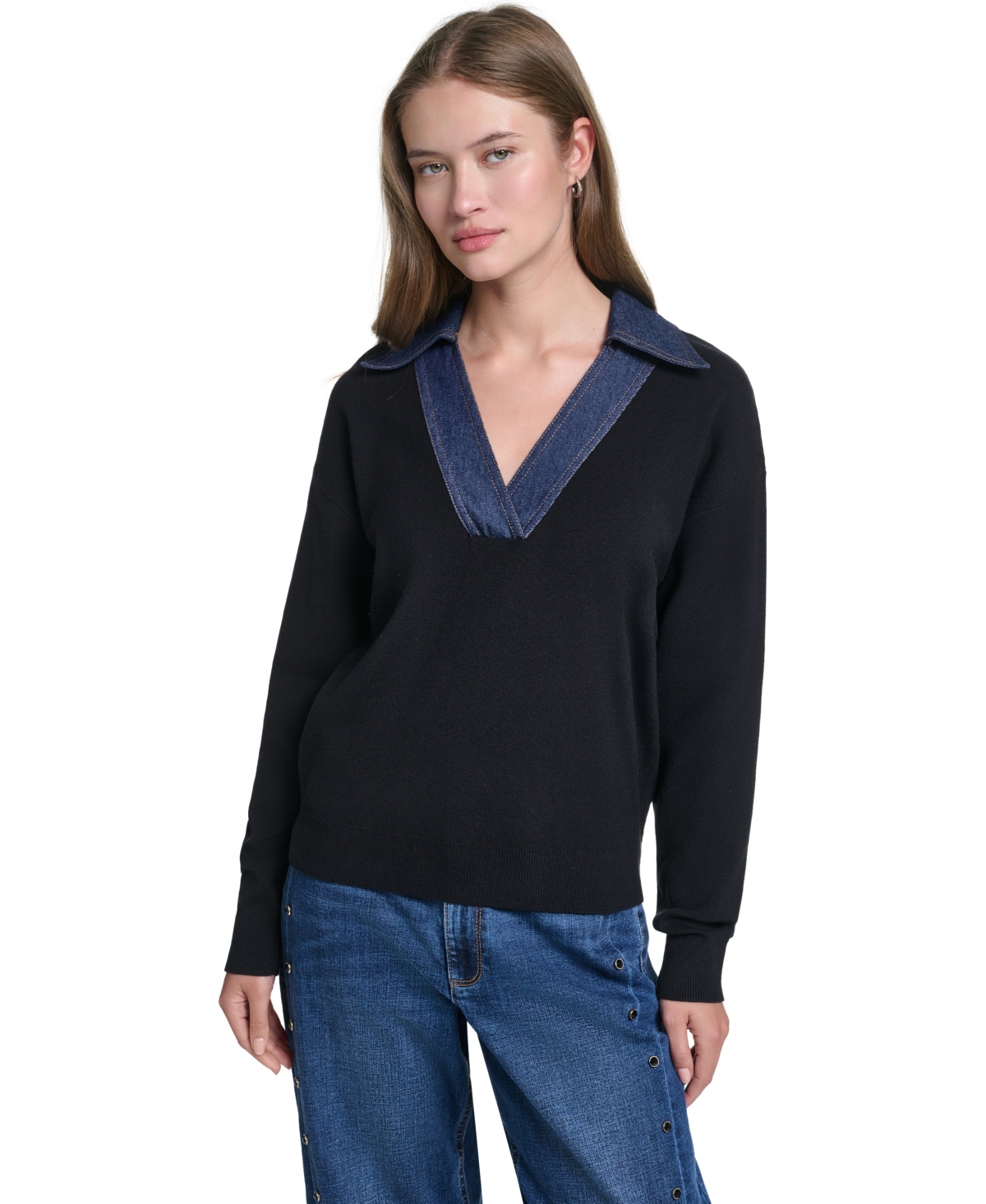 Karl Lagerfeld Paris Women’s Denim Collar V-Neck Sweater – Black Karl Lagerfeld Paris Women’s Denim Collar V-Neck Sweater – Black