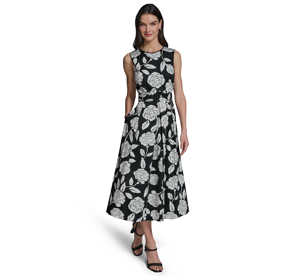 Karl Lagerfeld Paris Women’s Floral Border Print Crew Neck Midi Dress – Black/Soft White Multi Karl Lagerfeld Paris Women’s Floral Border Print Crew Neck Midi Dress – Black/Soft White Multi