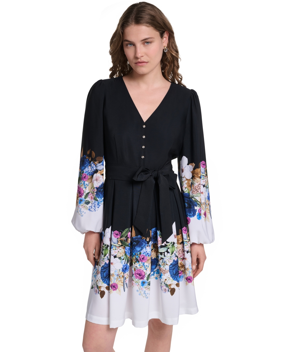 Karl Lagerfeld Paris Women’s Floral Long-Sleeve Self-Tie Button-Front Dress – Soft White/black Multi Karl Lagerfeld Paris Women’s Floral Long-Sleeve Self-Tie Button-Front Dress – Soft White/black Multi
