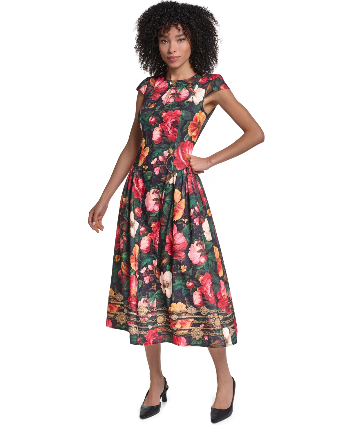 Karl Lagerfeld Paris Women’s Floral Print Jacquard Fit & Flare Midi Dress – Black/Port Multi Karl Lagerfeld Paris Women’s Floral Print Jacquard Fit & Flare Midi Dress – Black/Port Multi
