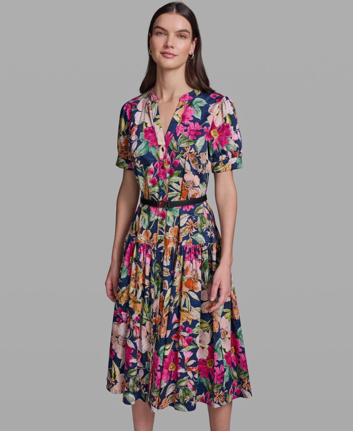 Karl Lagerfeld Paris Women’s Floral Printed V-Neck Belt Dress – Currant/Light Blush Multi Karl Lagerfeld Paris Women’s Floral Printed V-Neck Belt Dress – Currant/Light Blush Multi