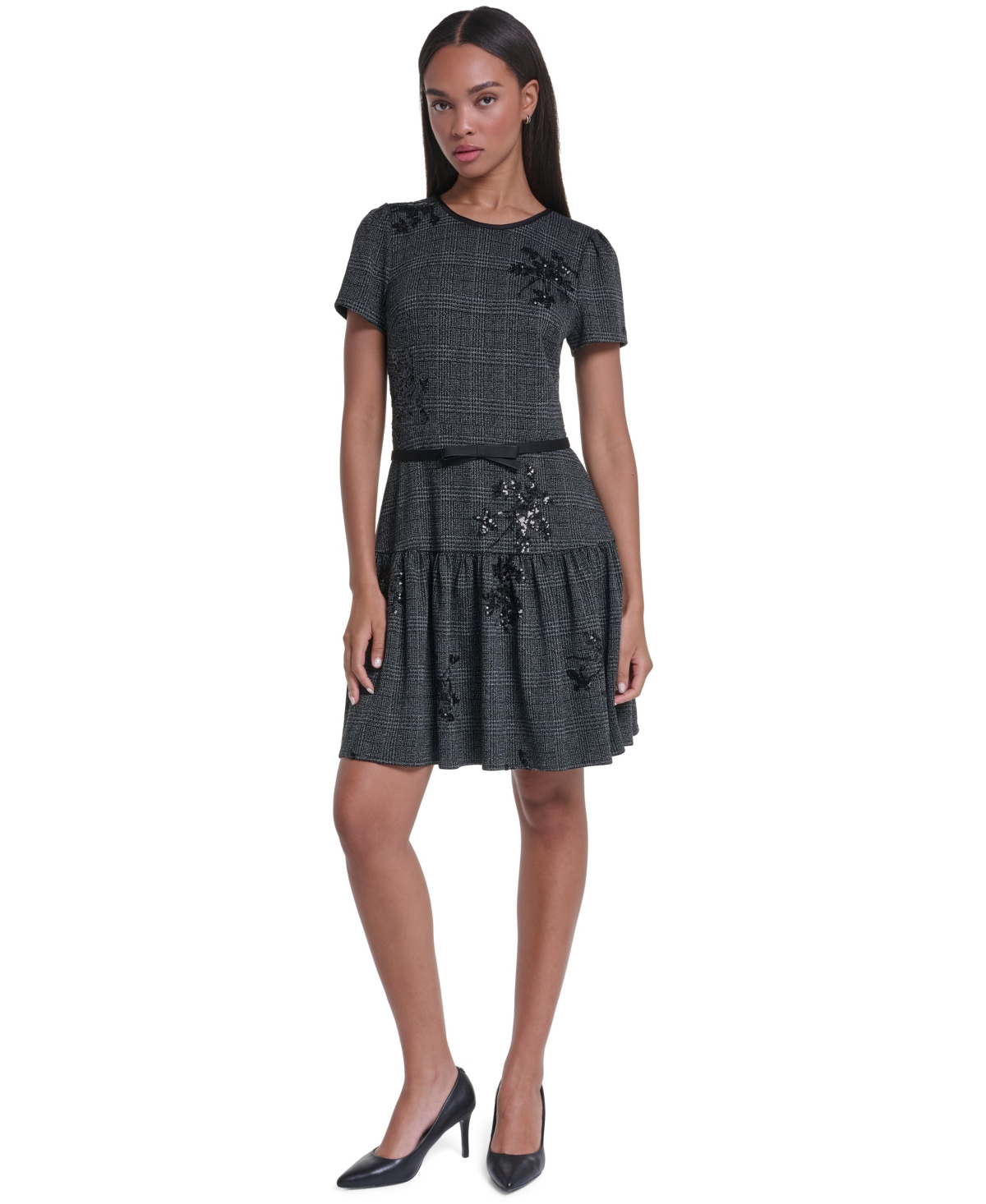 Karl Lagerfeld Paris Women’s Floral Sequin A-Line Dress – Black Multi Karl Lagerfeld Paris Women’s Floral Sequin A-Line Dress – Black Multi