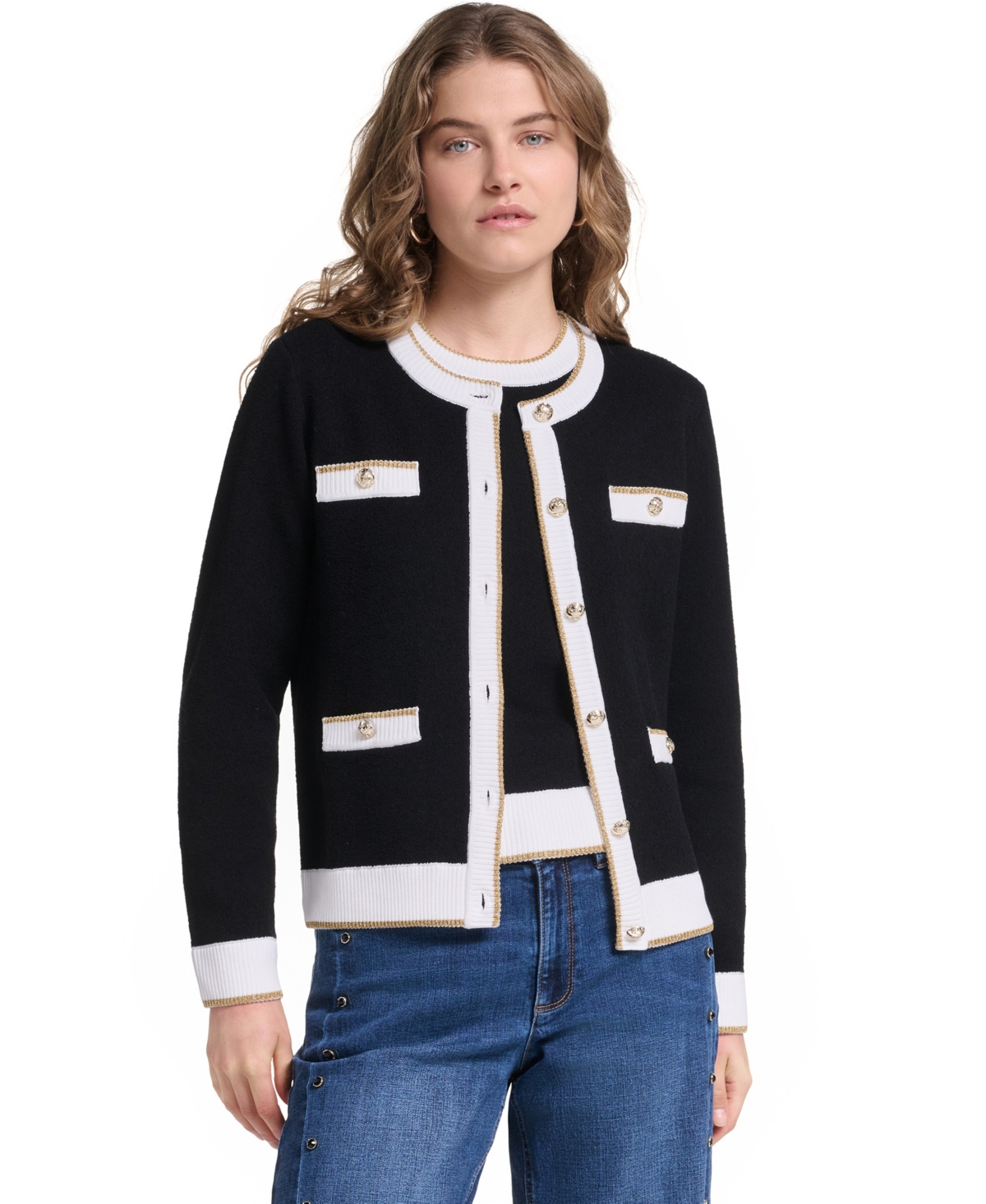 Karl Lagerfeld Paris Women’s Four-Pocket Cardigan – Black/soft White/gold