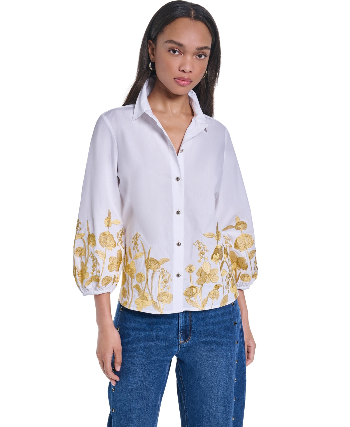 Karl Lagerfeld Paris Women’s Gold-Tone Embroidery Puff Sleeve Button-Front Blouse – White Karl Lagerfeld Paris Women’s Gold-Tone Embroidery Puff Sleeve Button-Front Blouse – White