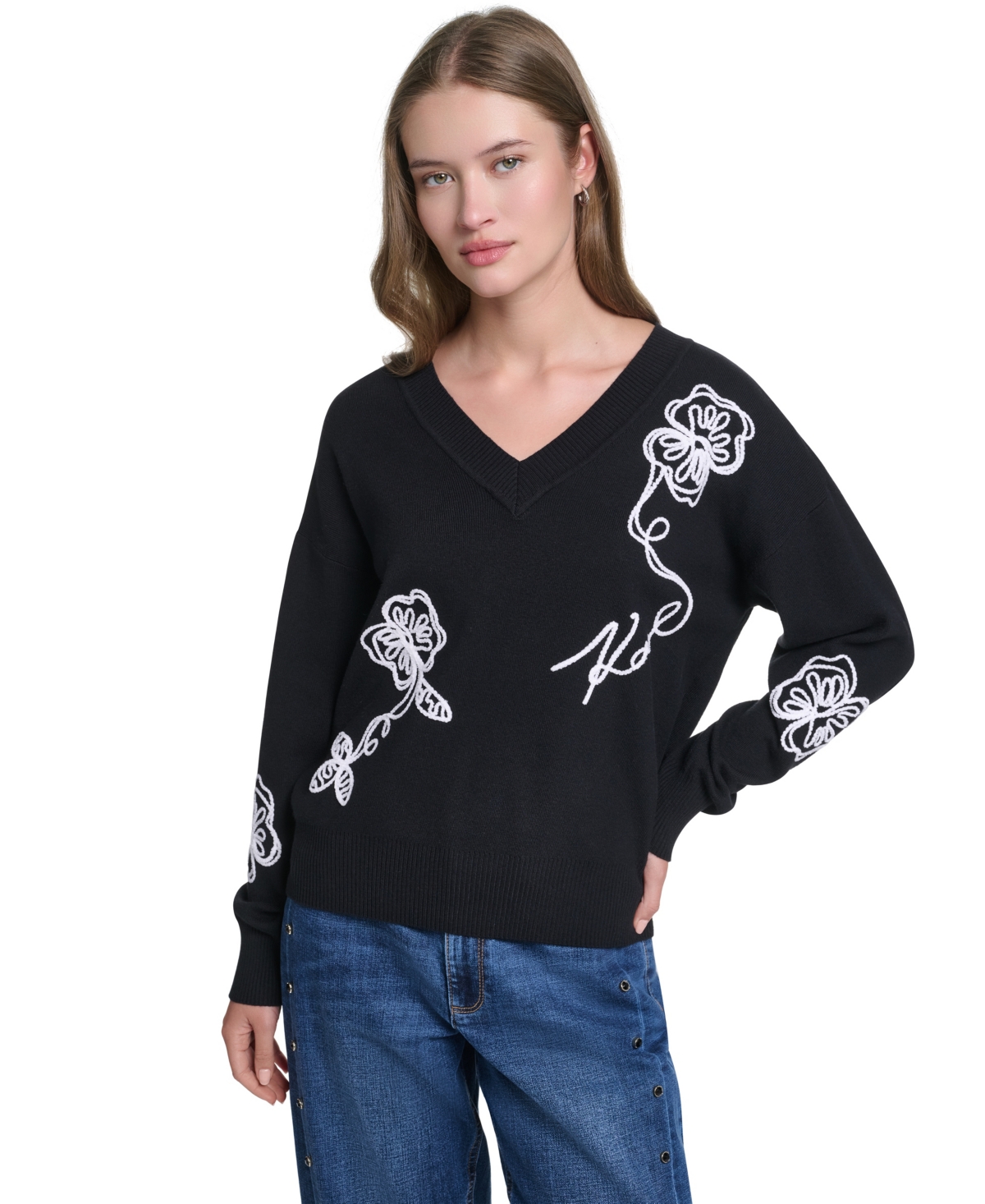 Karl Lagerfeld Paris Women’s Karl Floral Embroidery V-Neck Sweater – Black/soft White