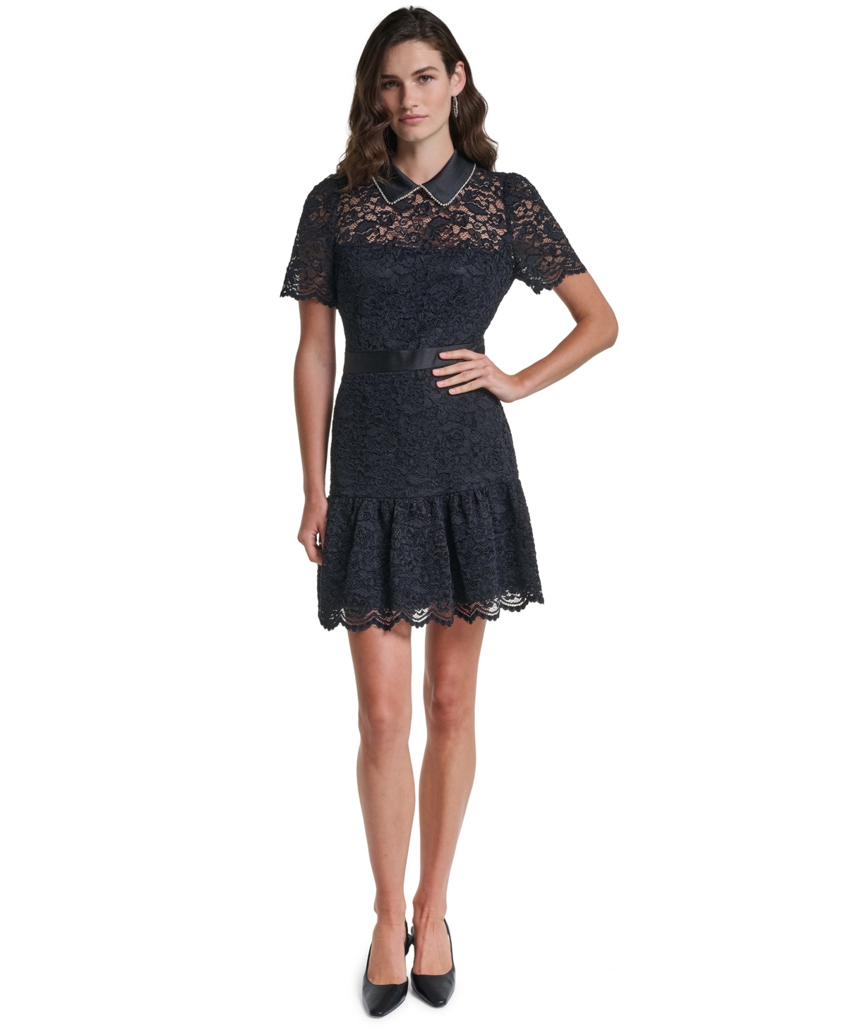 Karl Lagerfeld Paris Women’s Lace A-Line Cap-Sleeve Dress – Black