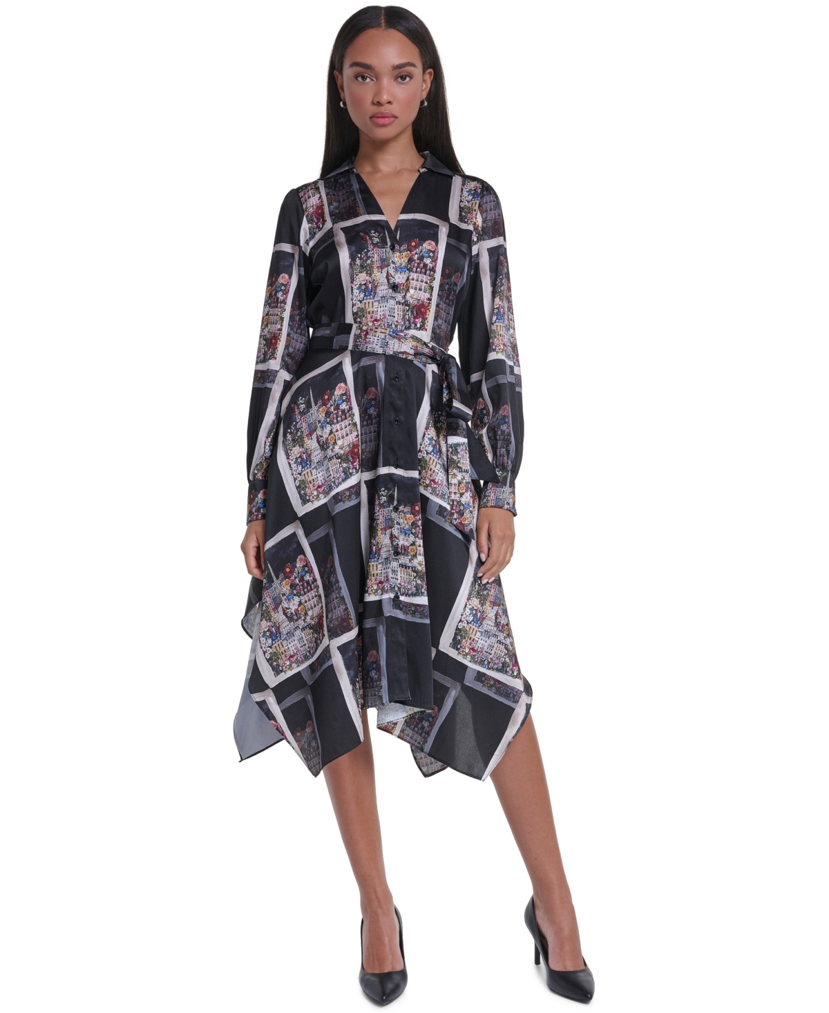 Karl Lagerfeld Paris Women’s Long-Sleeve Printed Hanky-Hem Dress – Black Multi Karl Lagerfeld Paris Women’s Long-Sleeve Printed Hanky-Hem Dress – Black Multi