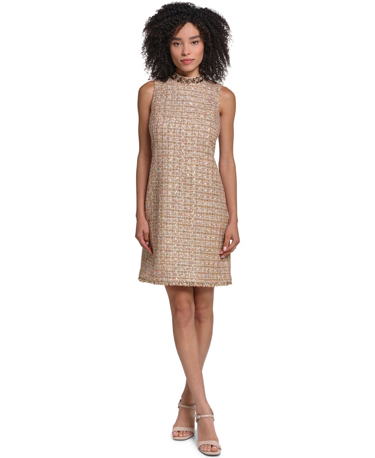 Karl Lagerfeld Paris Women’s Metallic Tweed Sheath Dress – Gold Multi