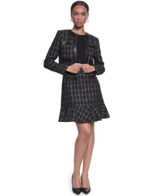 Karl Lagerfeld Paris Womens Mixed Media Sleeveless Sheath Dress Metallic Tweed Jacket With Faux Leather Trim Karl Lagerfeld Paris Womens Mixed Media Sleeveless Sheath Dress Metallic Tweed Jacket With Faux Leather Trim
