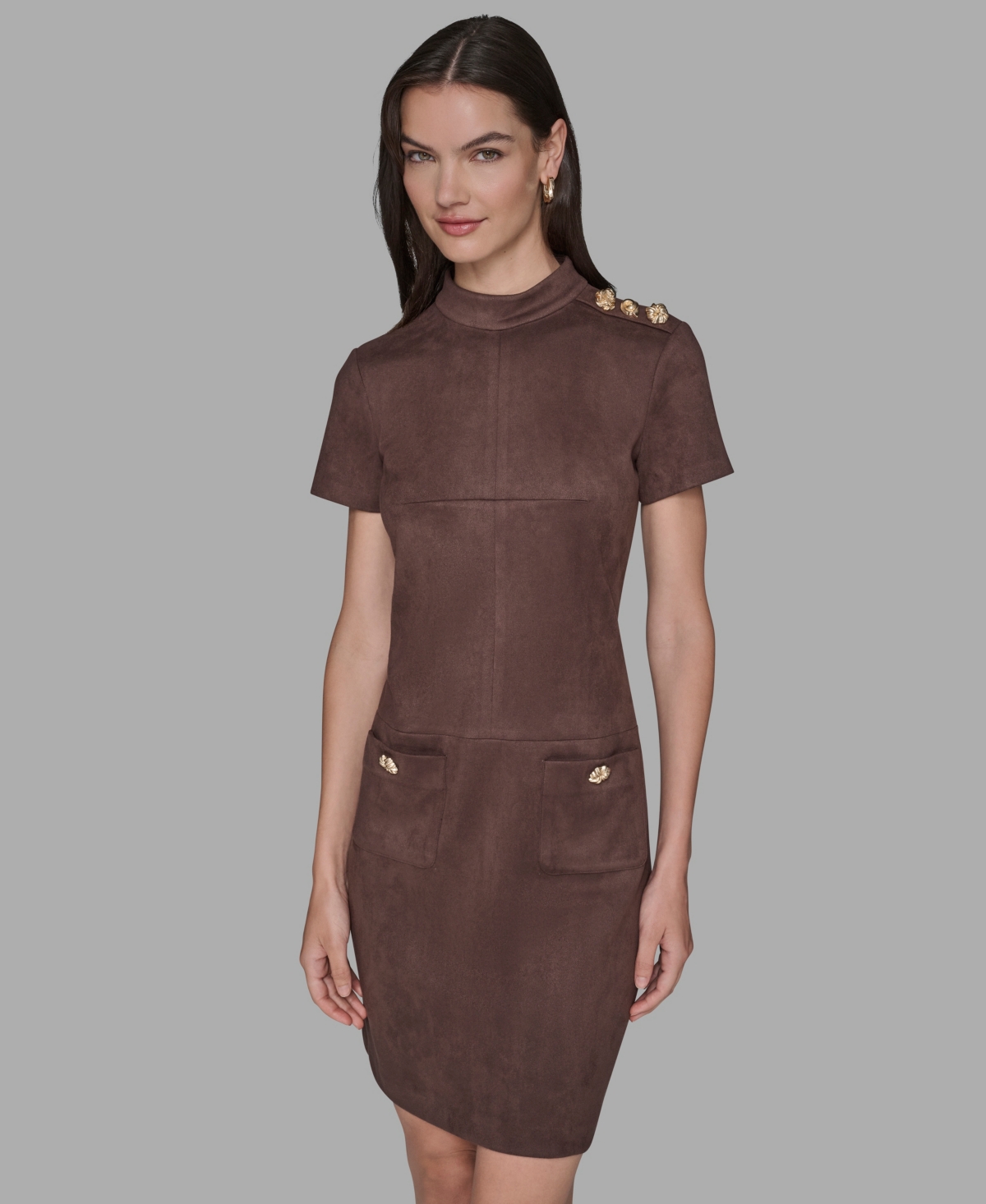 Karl Lagerfeld Paris Women’s Mock Neck Pocket Dress – Chocolate