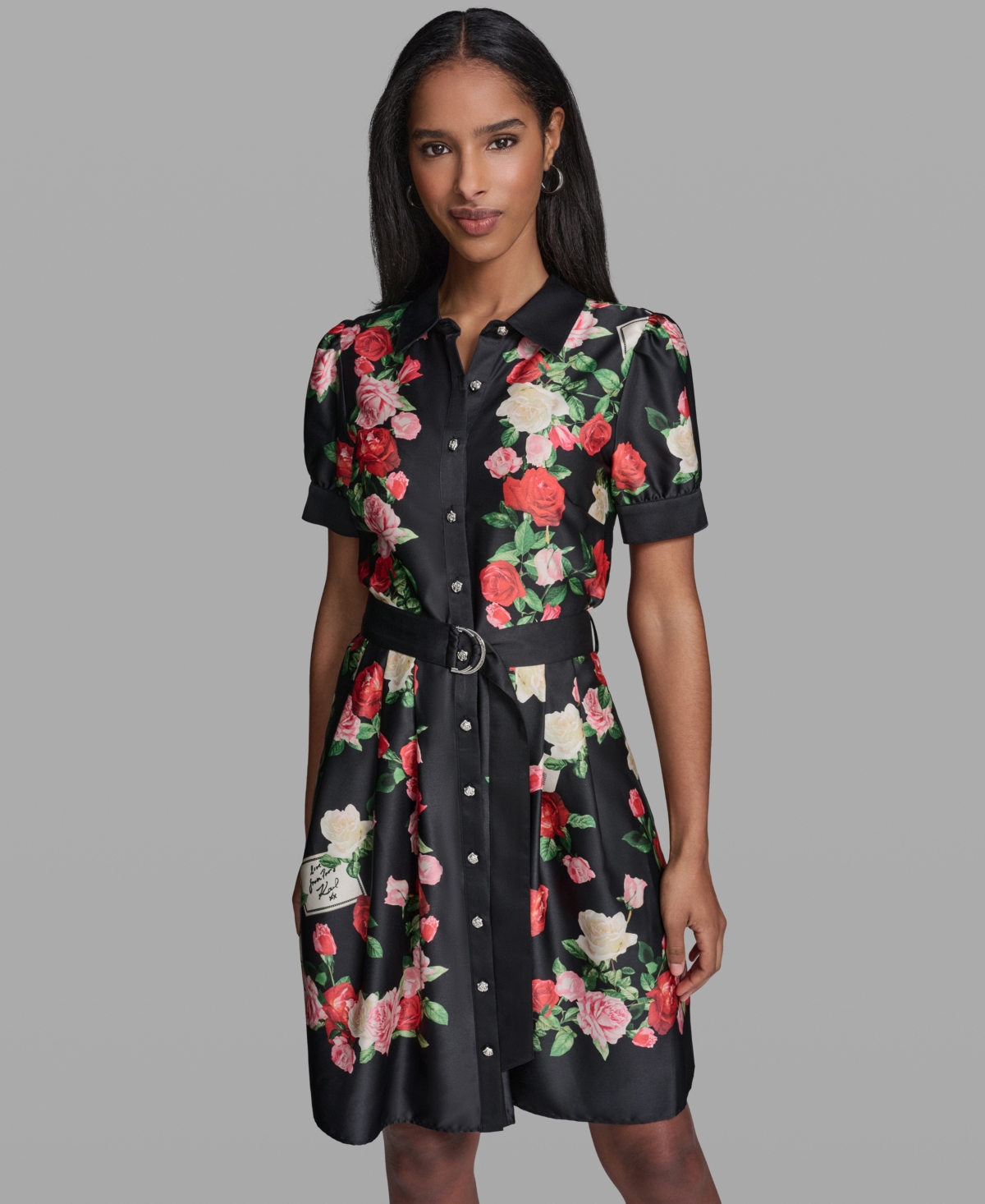 Karl Lagerfeld Paris Women’s Printed Belt Collared Dress – Black Multi Karl Lagerfeld Paris Women’s Printed Belt Collared Dress – Black Multi