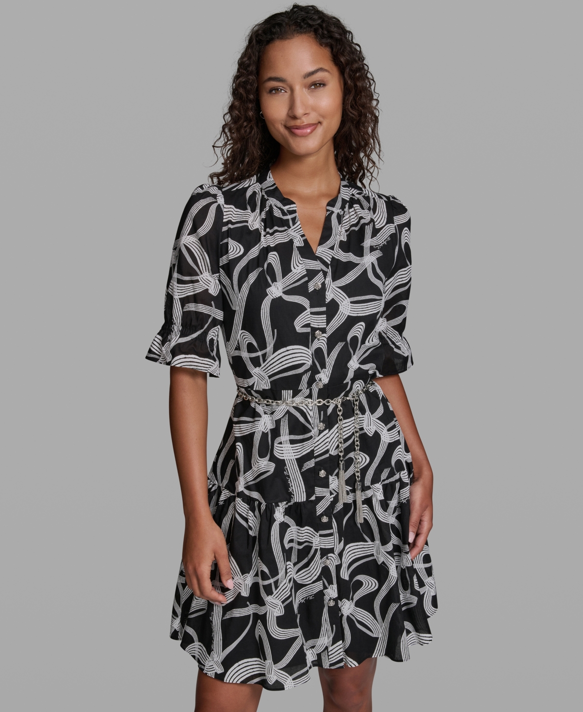 Karl Lagerfeld Paris Women’s Printed Belt Collared Dress – Black/Soft White Karl Lagerfeld Paris Women’s Printed Belt Collared Dress – Black/Soft White