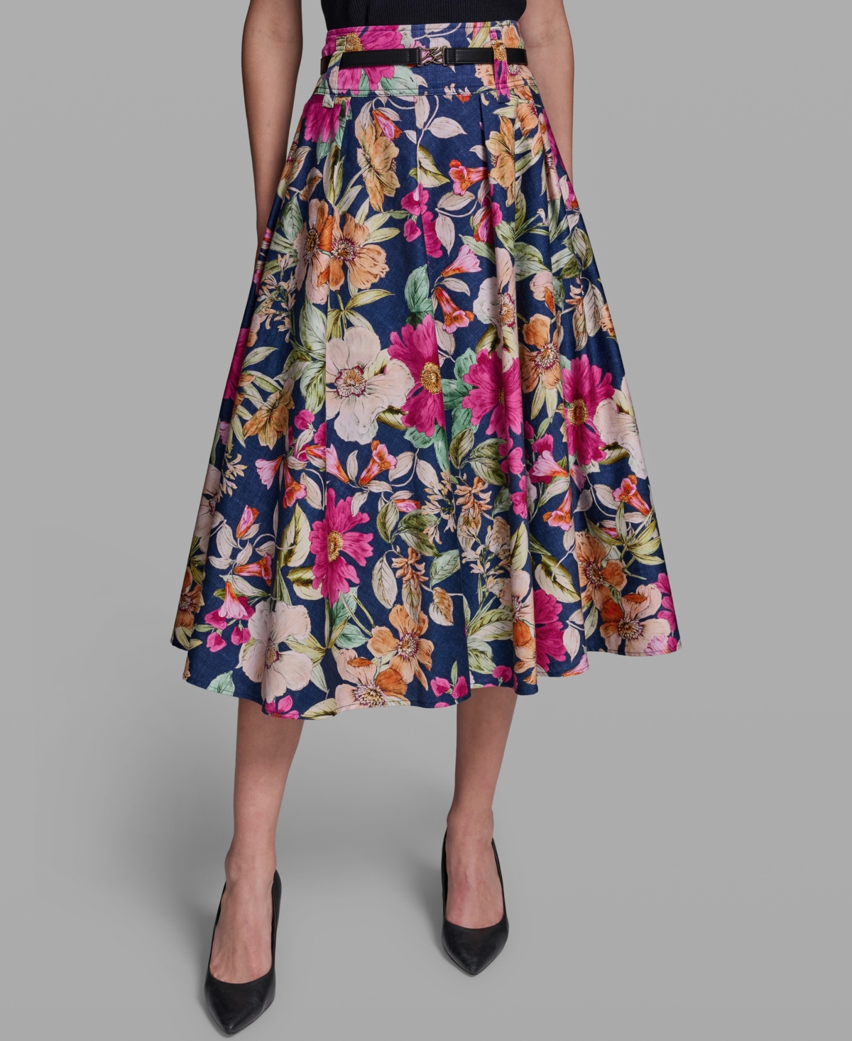 Karl Lagerfeld Paris Women’s Printed Belted Midi Skirt – Currant/Light Blush Multi