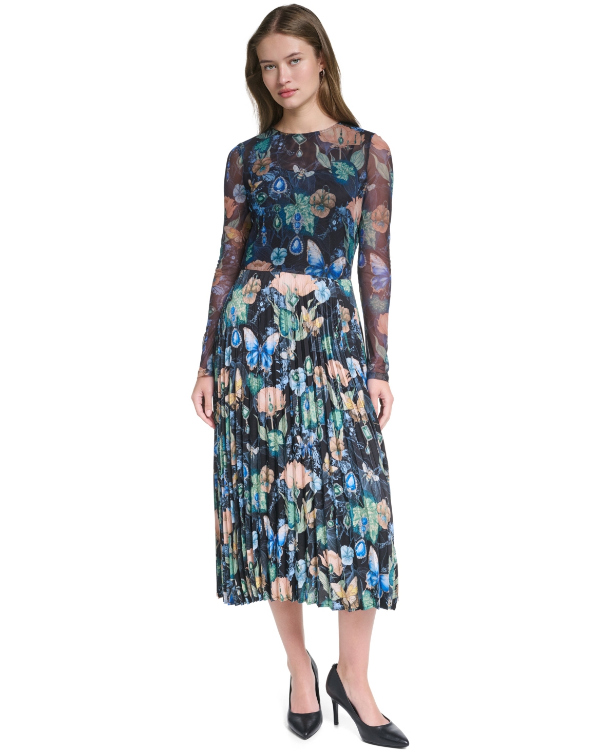 Karl Lagerfeld Paris Women’s Printed Mesh Long-Sleeve Crewneck Dress – Black Multi Karl Lagerfeld Paris Women’s Printed Mesh Long-Sleeve Crewneck Dress – Black Multi