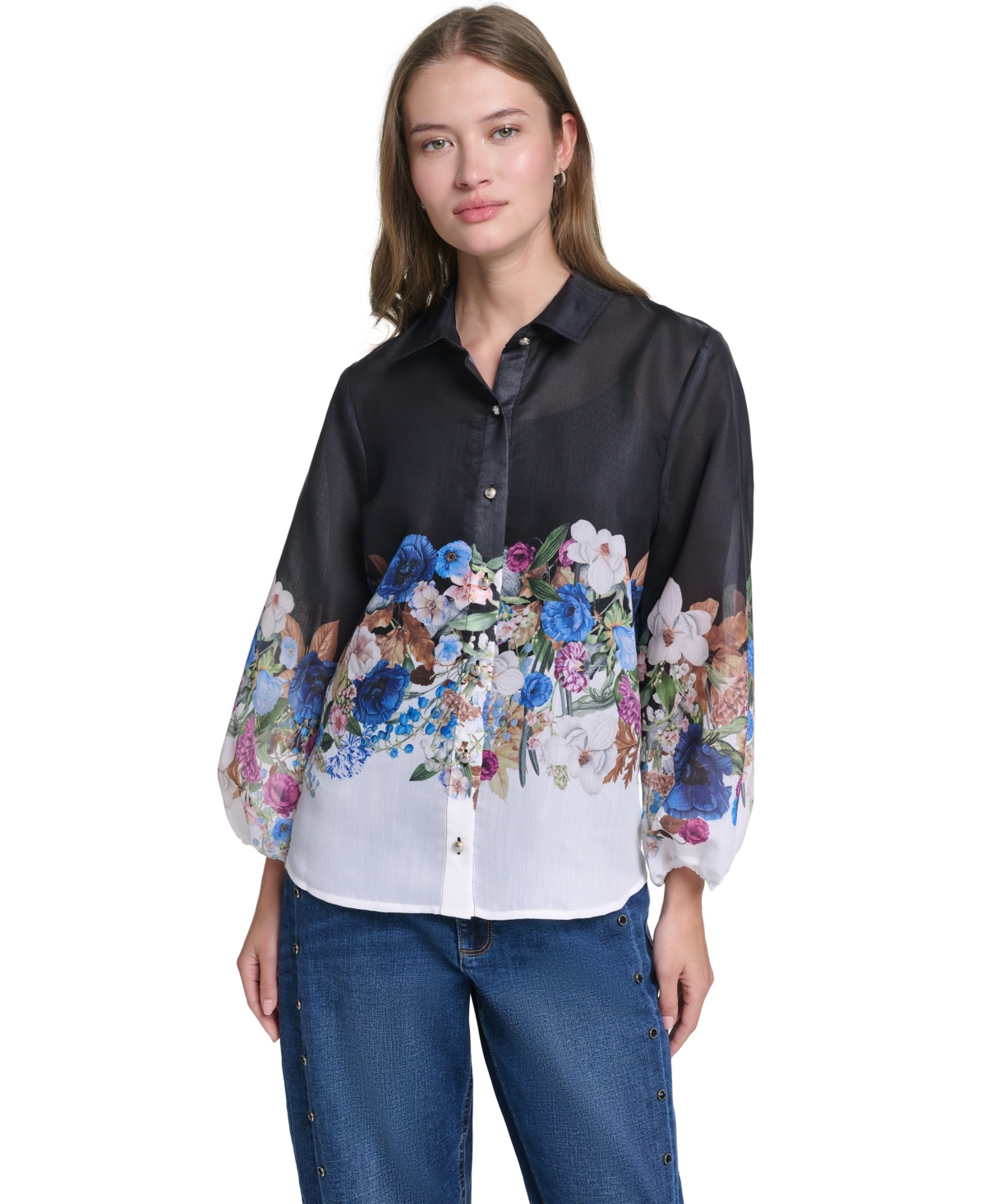 Karl Lagerfeld Paris Women’s Printed Organza Puff-Sleeve Blouse – Soft White/black Multi Karl Lagerfeld Paris Women’s Printed Organza Puff-Sleeve Blouse – Soft White/black Multi