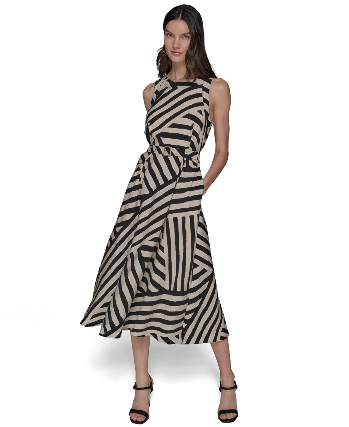 Karl Lagerfeld Paris Women’s Printed Sleeveless Dress – Oyster Gray Black Combo