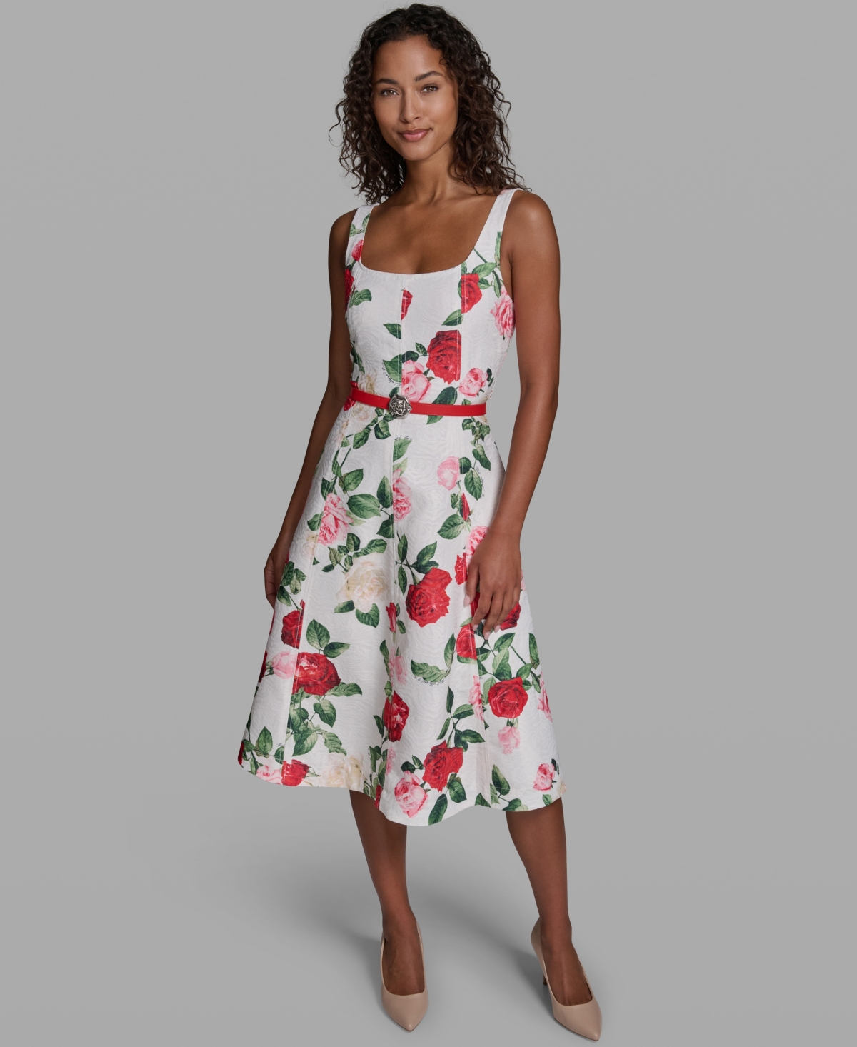 Karl Lagerfeld Paris Women’s Printed Sleeveless Square Neck Polyester Dress – Soft White Multi