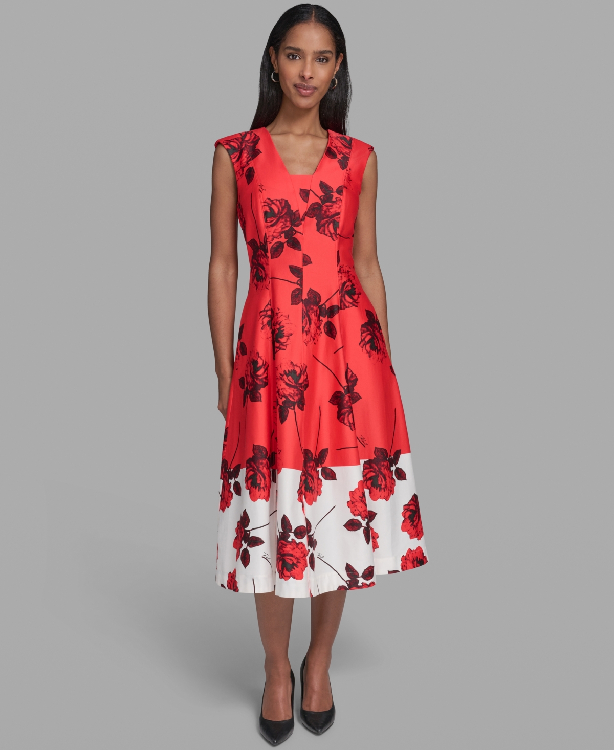 Karl Lagerfeld Paris Women’s Printed Sleeveless V-Neck Dress – Apple Red Multi Karl Lagerfeld Paris Women’s Printed Sleeveless V-Neck Dress – Apple Red Multi