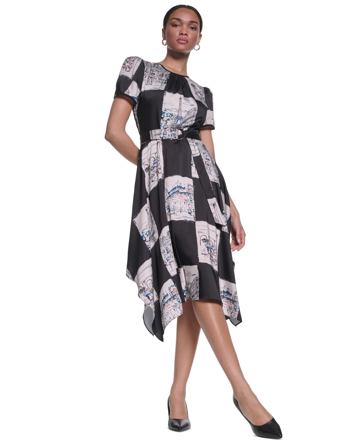 Karl Lagerfeld Paris Women’s Scarf-Print Handkerchief-Hem Midi Dress – Black/Birch Multi