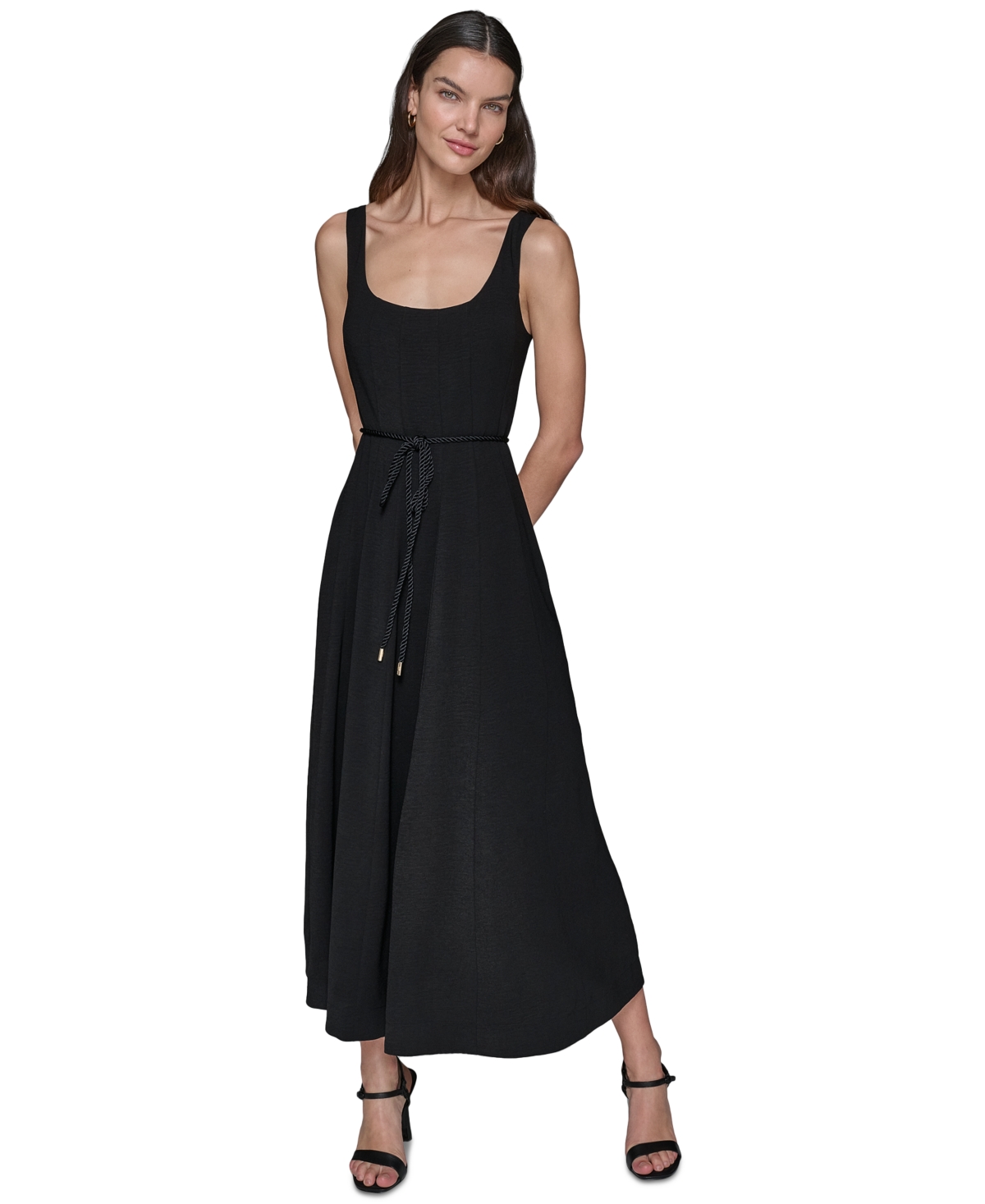 Karl Lagerfeld Paris Women’s Scoop-Neck Belted Sleeveless Midi Dress – Black Karl Lagerfeld Paris Women’s Scoop-Neck Belted Sleeveless Midi Dress – Black