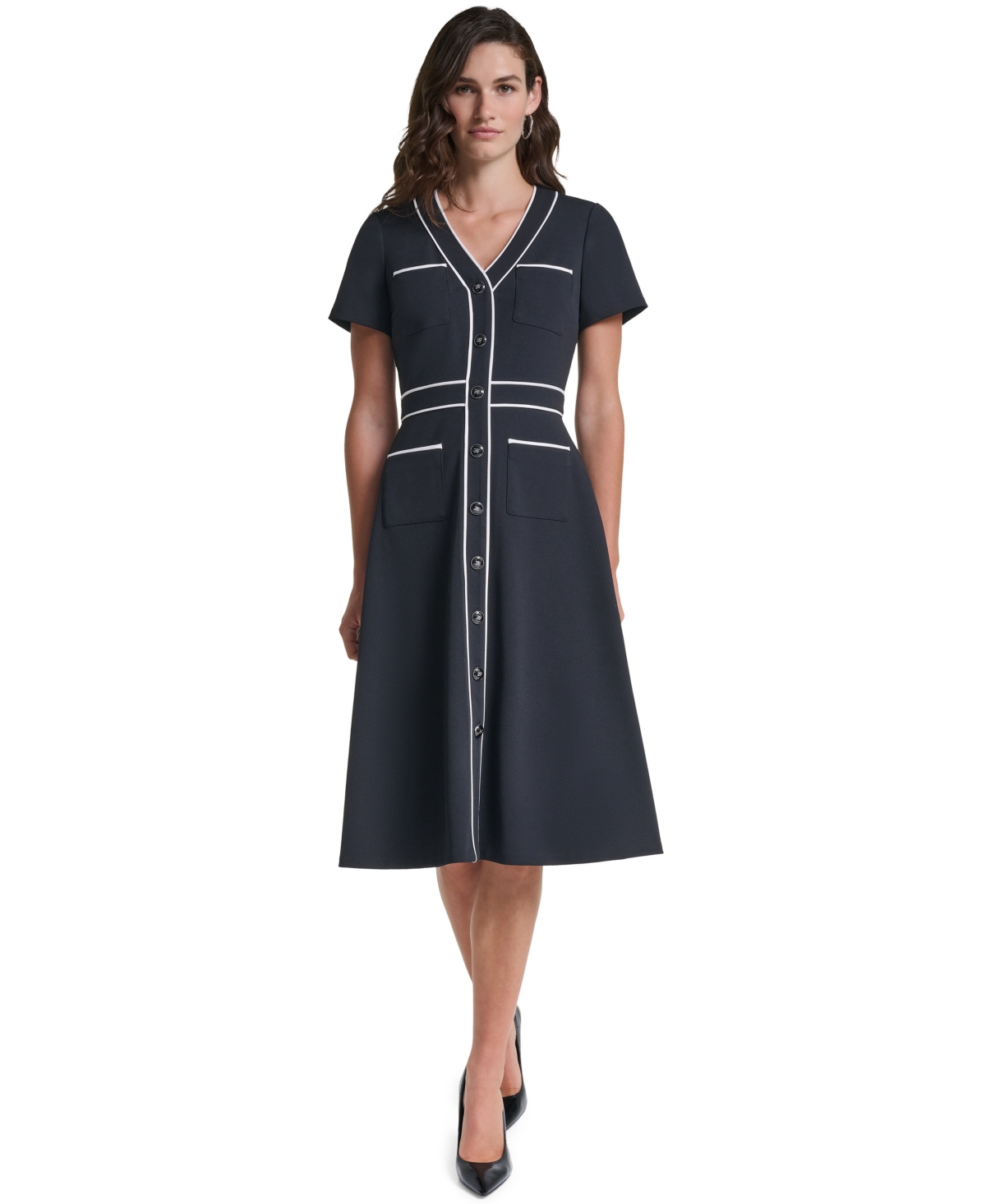 Karl Lagerfeld Paris Women’s Scuba A-Line V-Neck Midi Dress – Black/Soft White Karl Lagerfeld Paris Women’s Scuba A-Line V-Neck Midi Dress – Black/Soft White