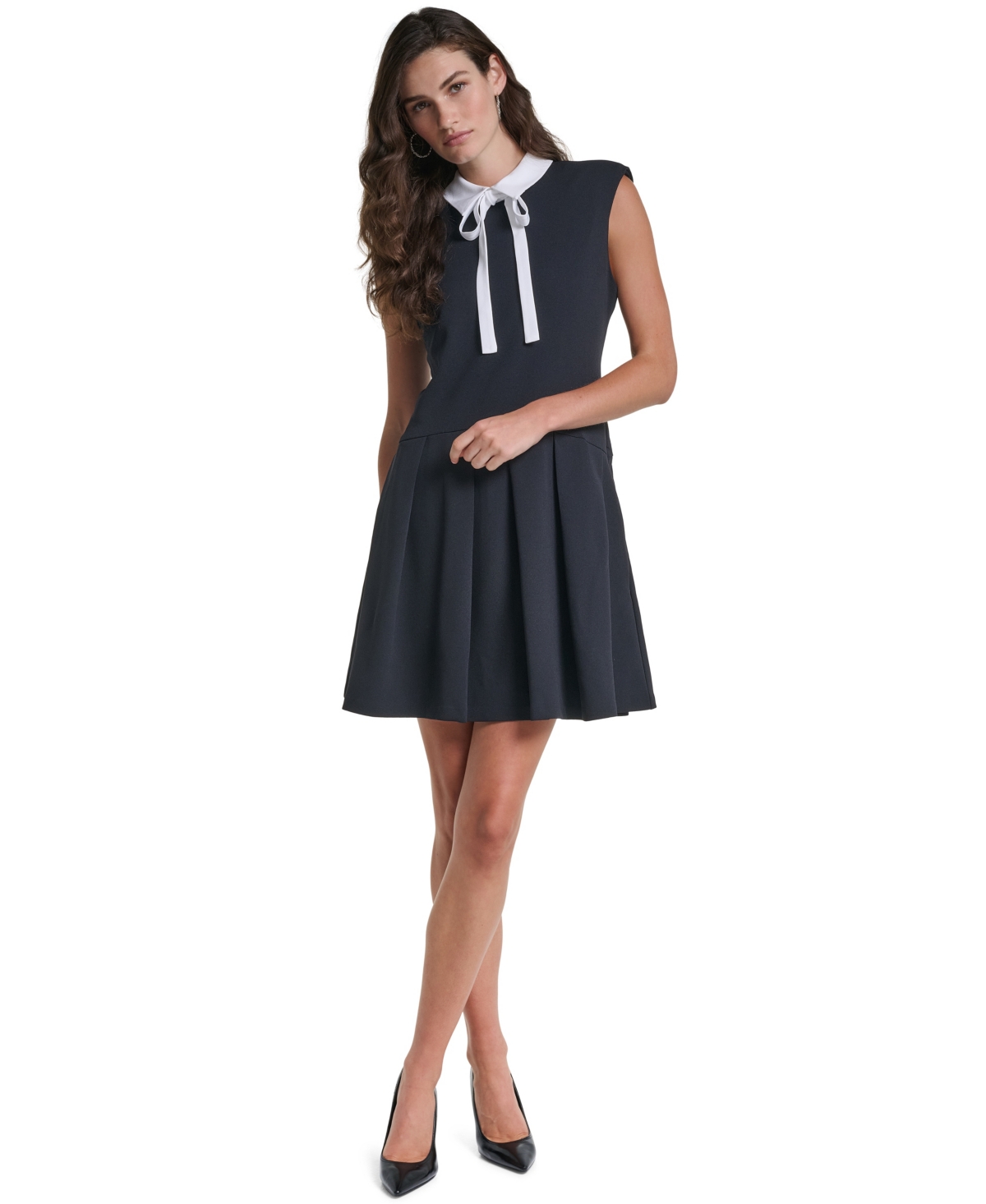 Karl Lagerfeld Paris Women’s Scuba Crepe A-Line Pleated Collared Dress – Black/Soft White Karl Lagerfeld Paris Women’s Scuba Crepe A-Line Pleated Collared Dress – Black/Soft White