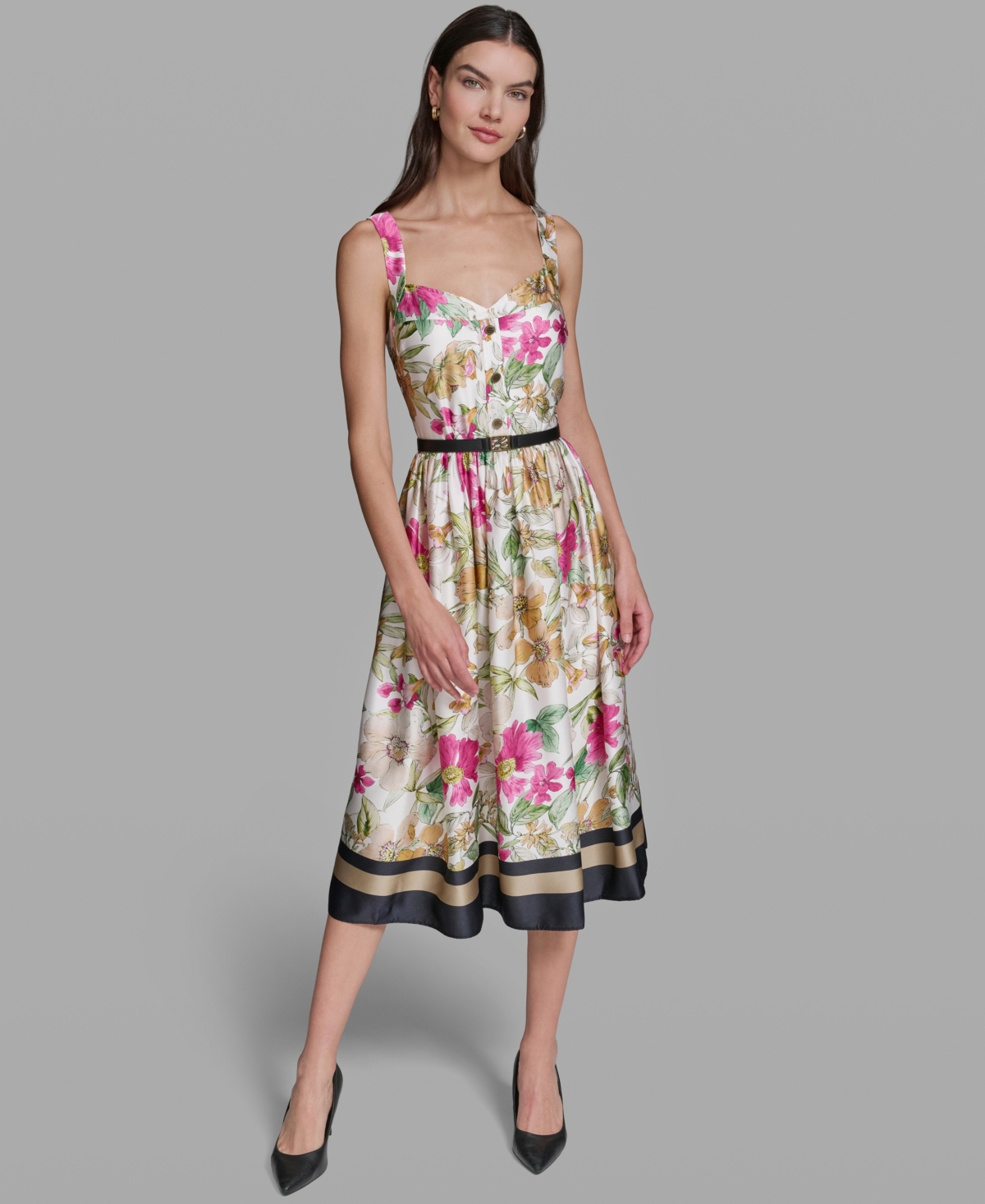 Karl Lagerfeld Paris Women’s Sleeveless Belted Dress – Bisque/ Light Blush Combo
