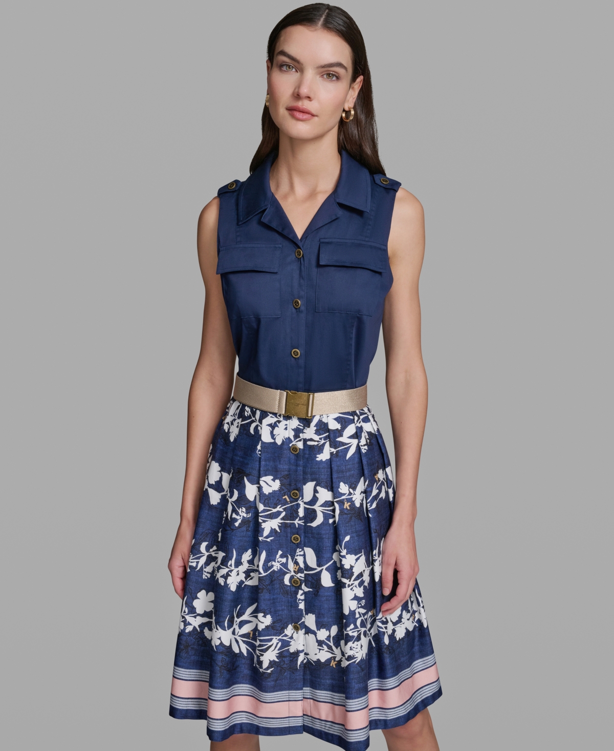 Karl Lagerfeld Paris Women’s Sleeveless Collared Belted Dress – Midnight Navy/Soft White