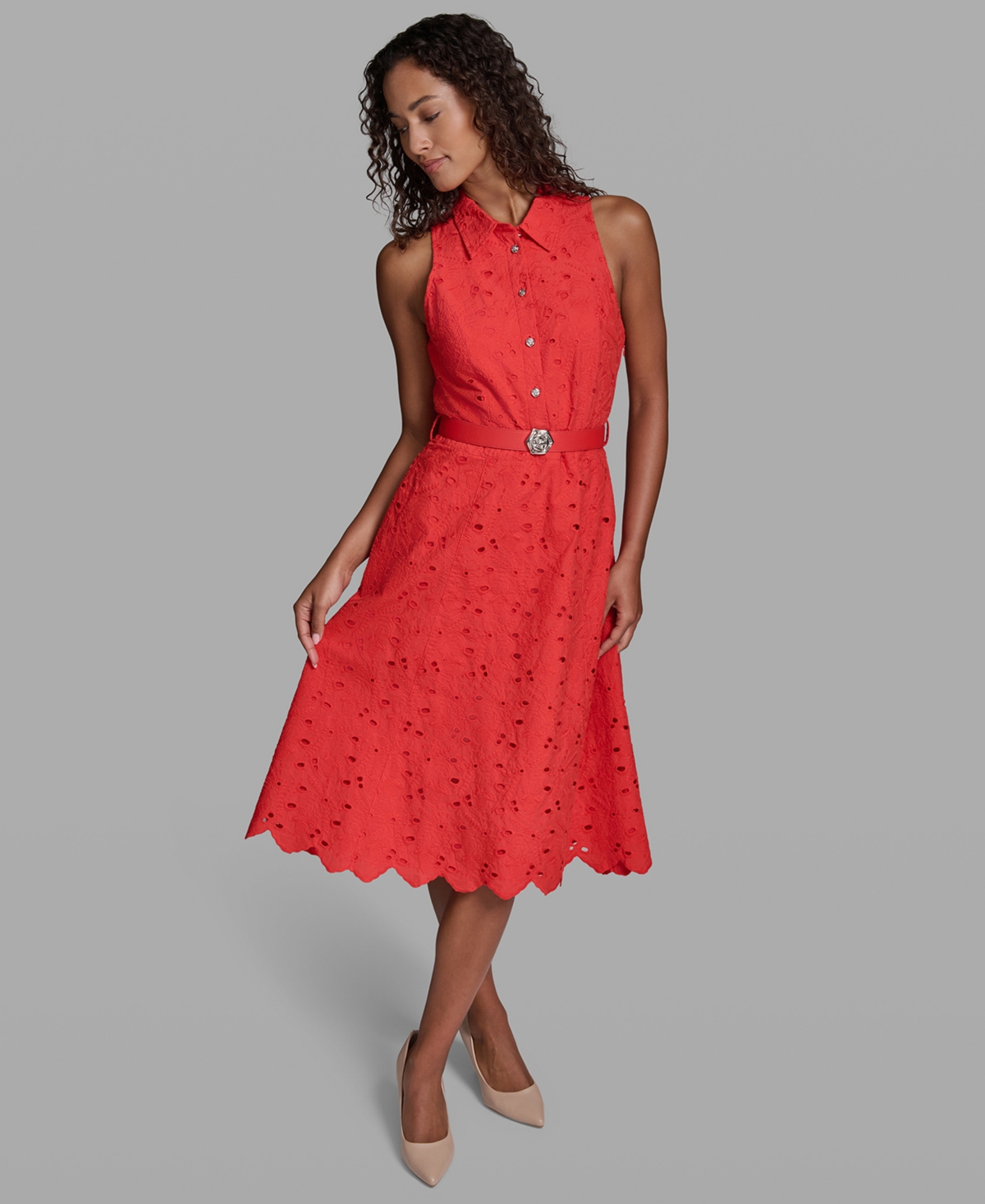 Karl Lagerfeld Paris Women’s Sleeveless Collared Eyelet Dress – Apple Red Karl Lagerfeld Paris Women’s Sleeveless Collared Eyelet Dress – Apple Red