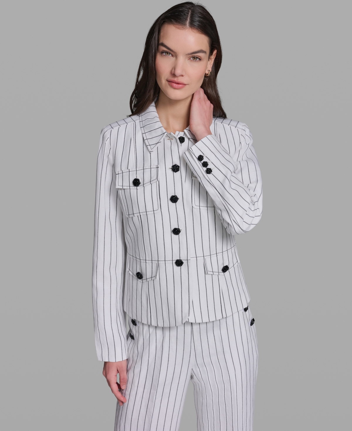 Karl Lagerfeld Paris Women’s Striped Collared Jacket – White/Black Karl Lagerfeld Paris Women’s Striped Collared Jacket – White/Black